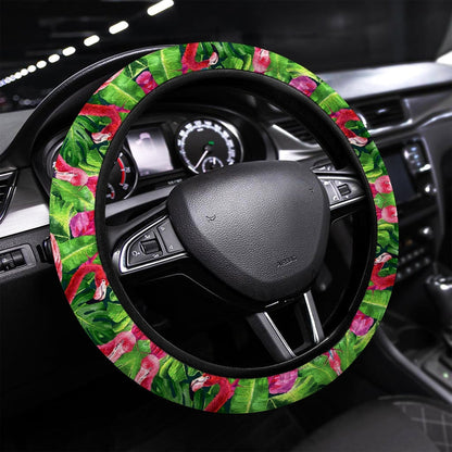 Pink Flamingo Steering Wheel Covers Custom Tropical Leaves Car Accessories