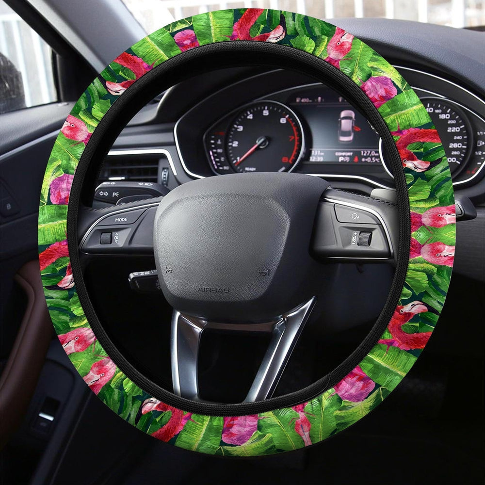 Pink Flamingo Steering Wheel Covers Custom Tropical Leaves Car Accessories
