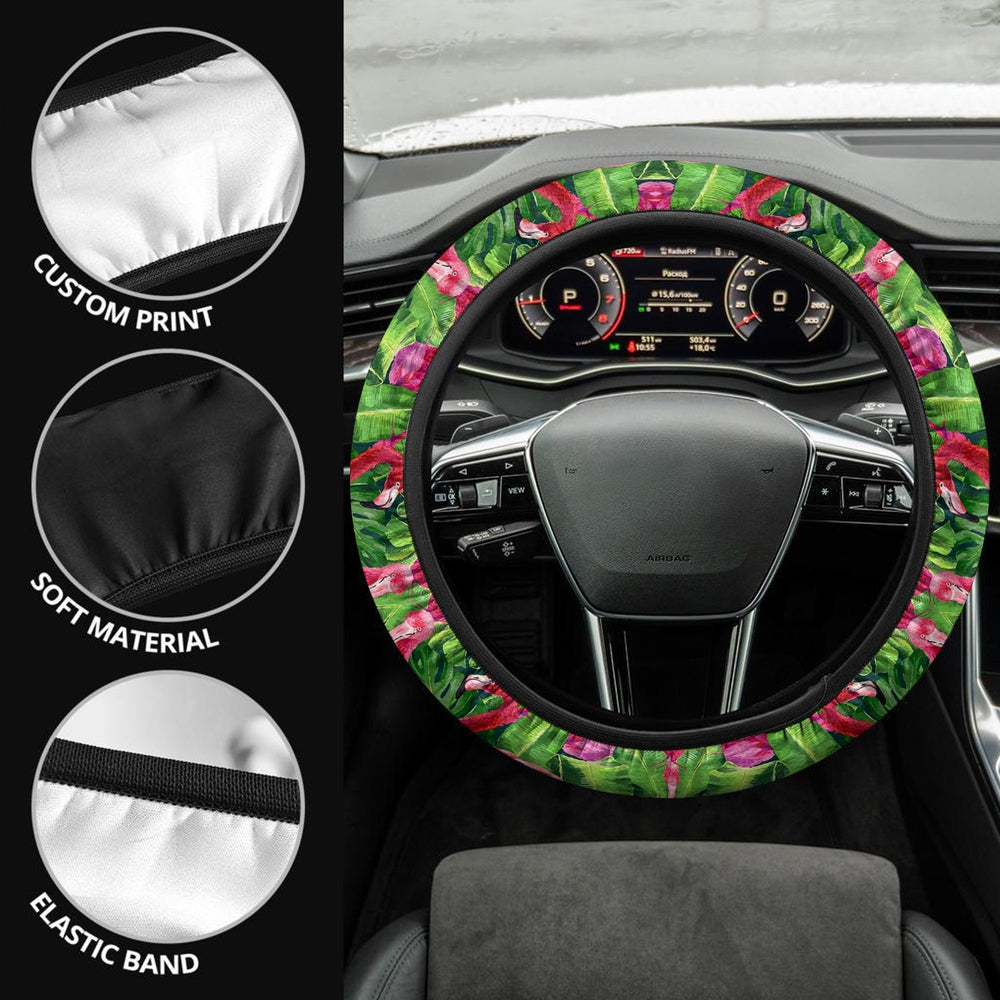 Pink Flamingo Steering Wheel Covers Custom Tropical Leaves Car Accessories