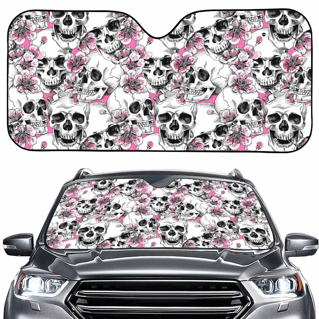 Pink Flowers Skull Pattern Print Car Windshield Sun Shade