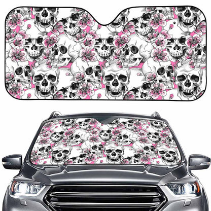 Pink Flowers Skull Pattern Print Car Windshield Sun Shade
