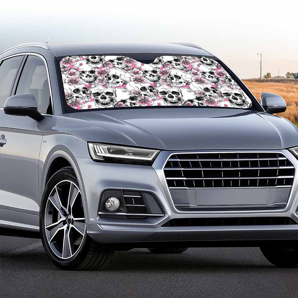 Pink Flowers Skull Pattern Print Car Windshield Sun Shade