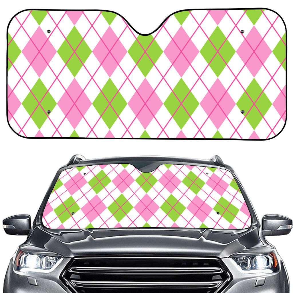 Pink Green And White Argyle Print Car Windshield Sun Shade