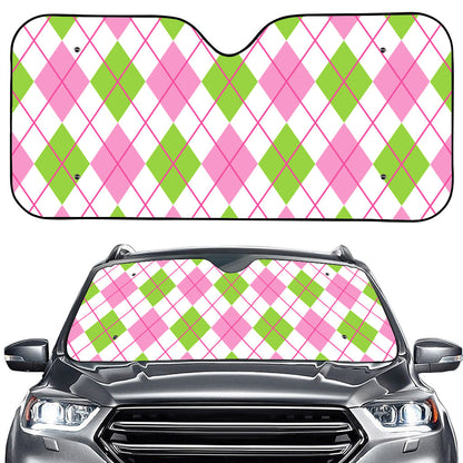 Pink Green And White Argyle Print Car Windshield Sun Shade