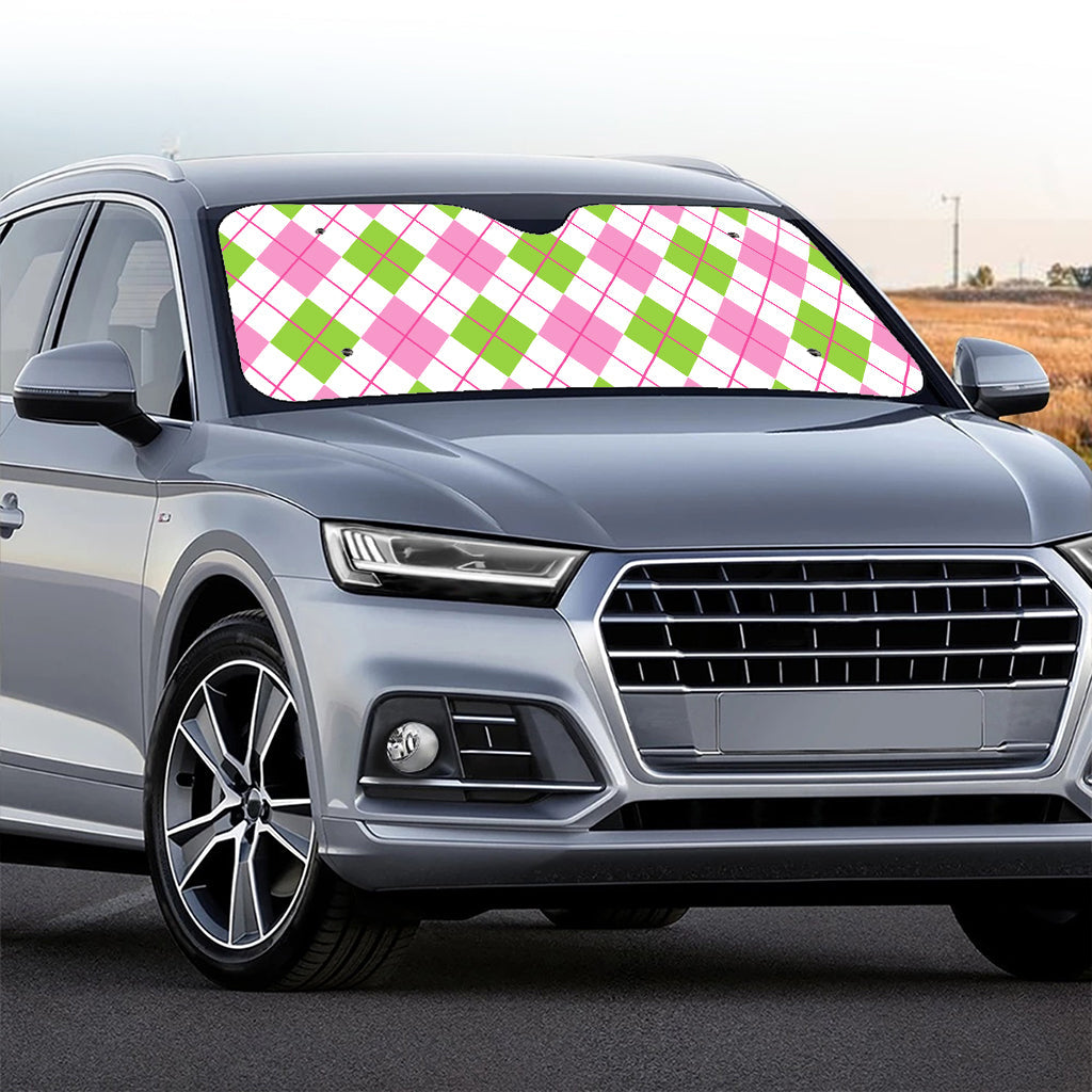 Pink Green And White Argyle Print Car Windshield Sun Shade