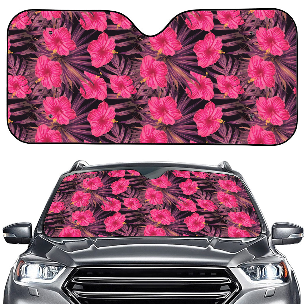 Pink Hawaiian Hibiscus Pattern Print Car Windshield Sun Shade