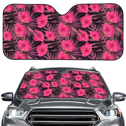 Pink Hawaiian Hibiscus Pattern Print Car Windshield Sun Shade