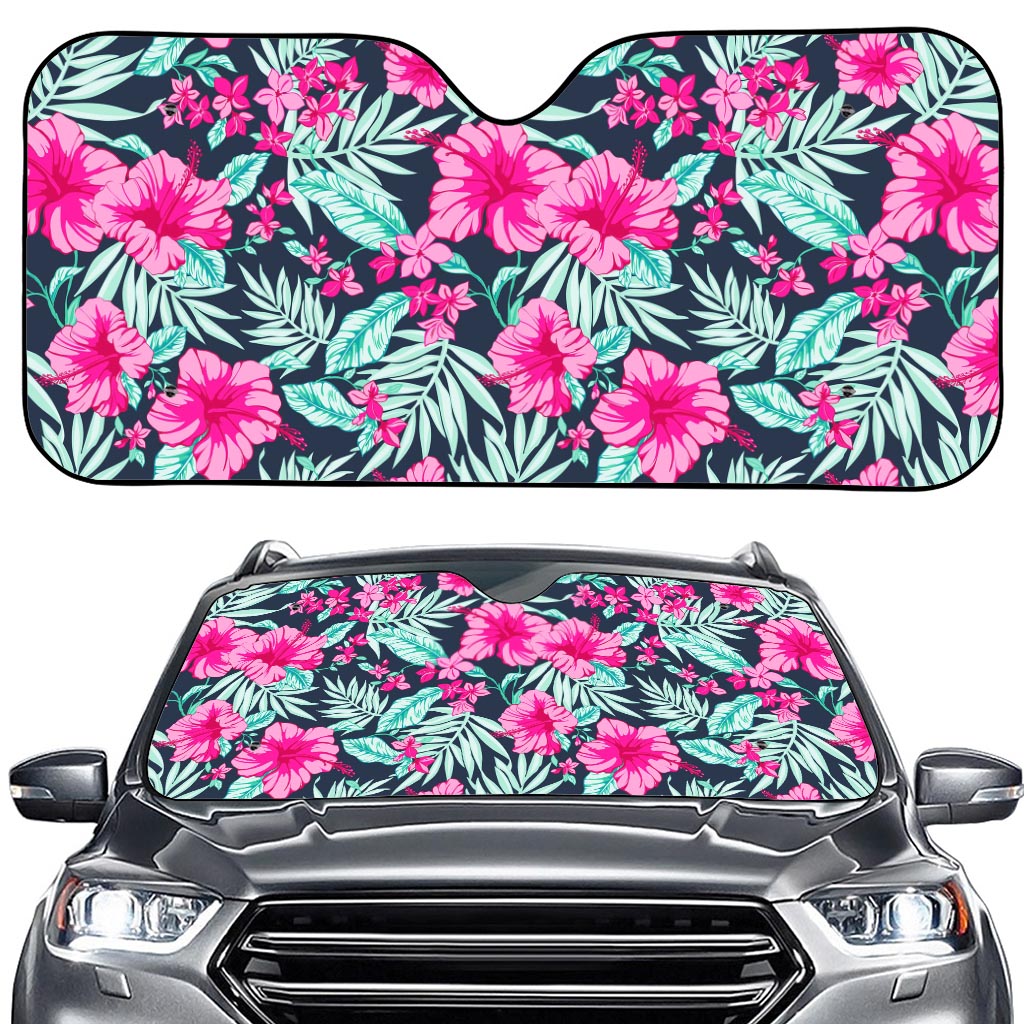 Pink Hibiscus Tropical Pattern Print Car Windshield Sun Shade