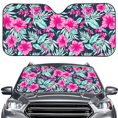 Pink Hibiscus Tropical Pattern Print Car Windshield Sun Shade