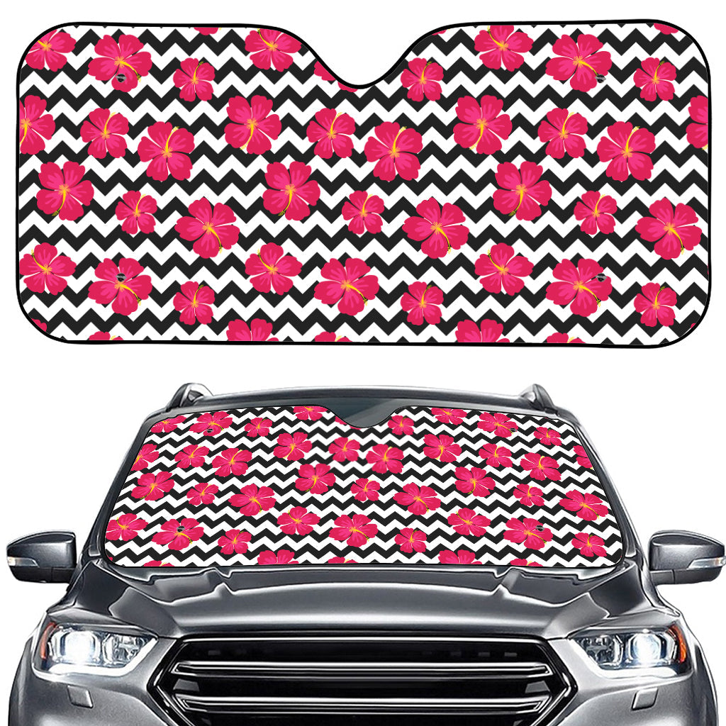 Pink Hibiscus Zigzag Pattern Print Car Windshield Sun Shade