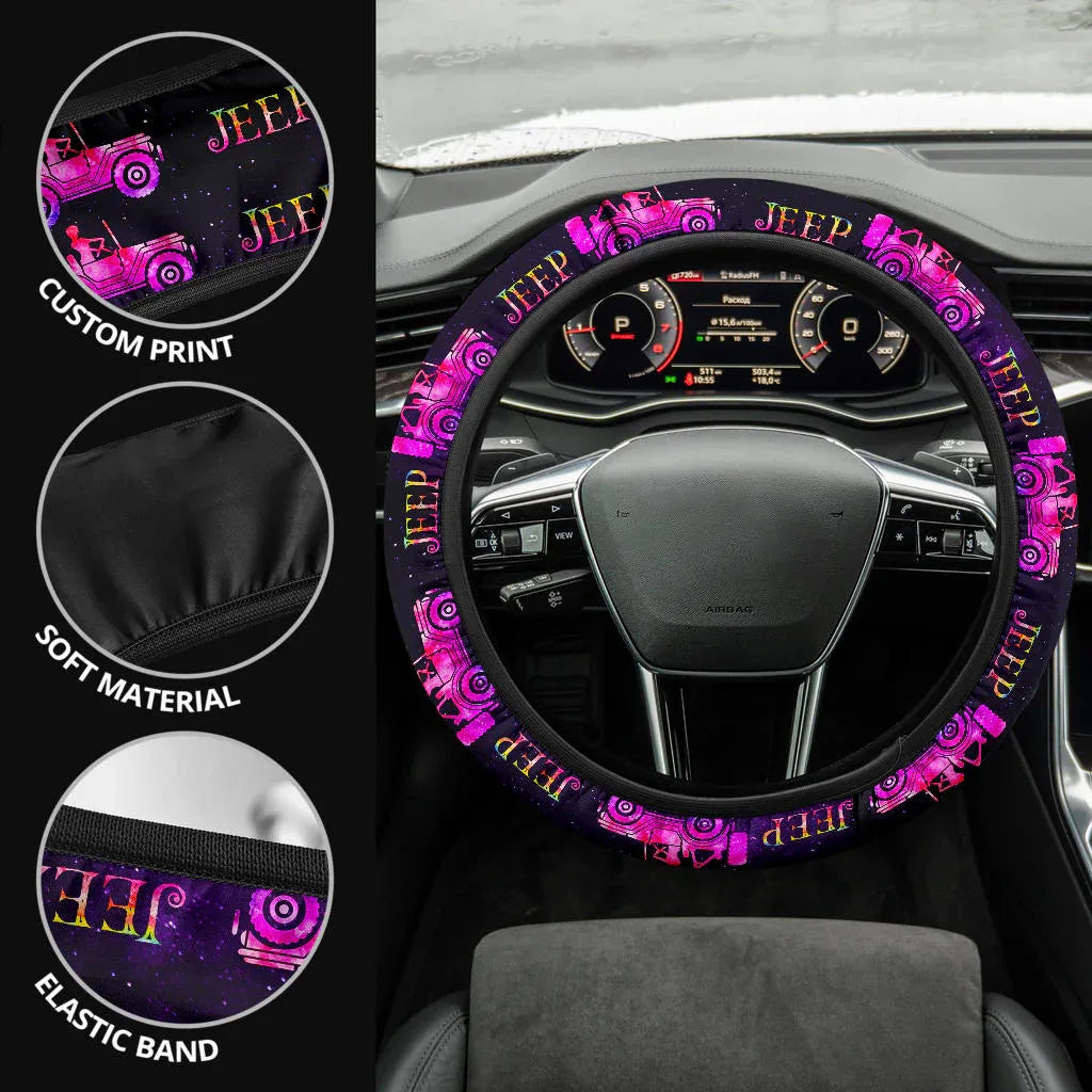 Pink Jeep Girl Galaxy Car Steering Wheel Cover - PersonalizedFury