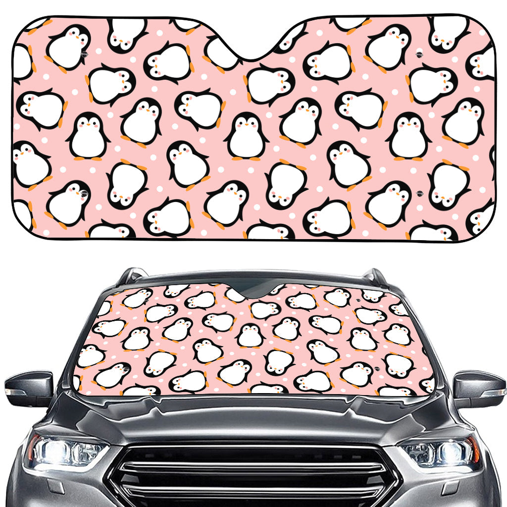 Pink Polka Dot Penguin Pattern Print Car Windshield Sun Shade
