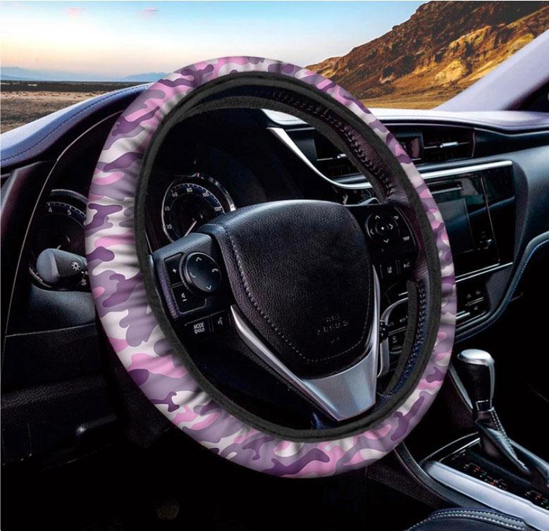 Pink Purple And Grey Camouflage Print Car Steering Wheel Cover