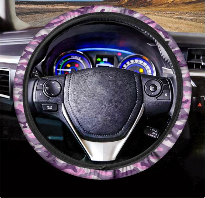 Pink Purple And Grey Camouflage Print Car Steering Wheel Cover
