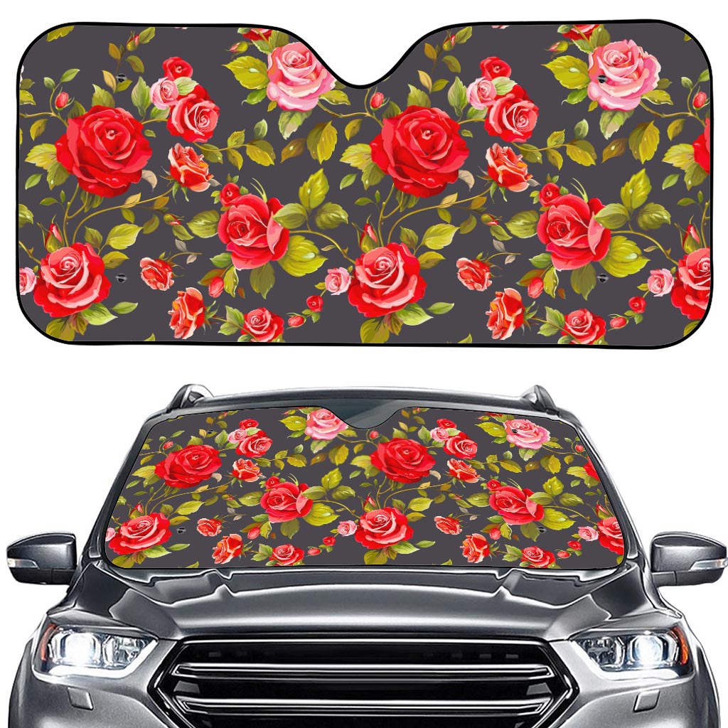 Pink Red Rose Floral Pattern Print Car Windshield Sun Shade