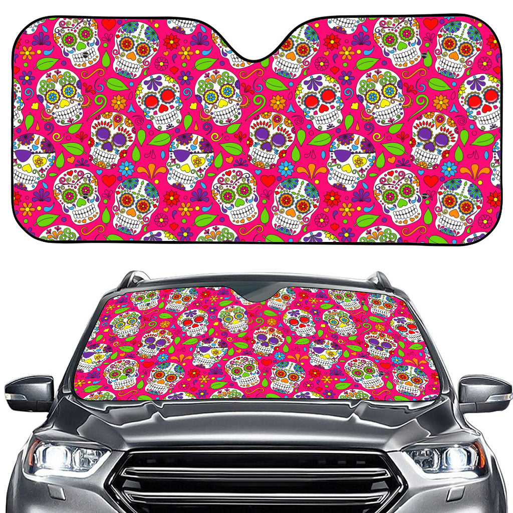 Pink Sugar Skull Pattern Print Car Windshield Sun Shade