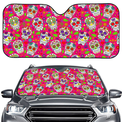 Pink Sugar Skull Pattern Print Car Windshield Sun Shade