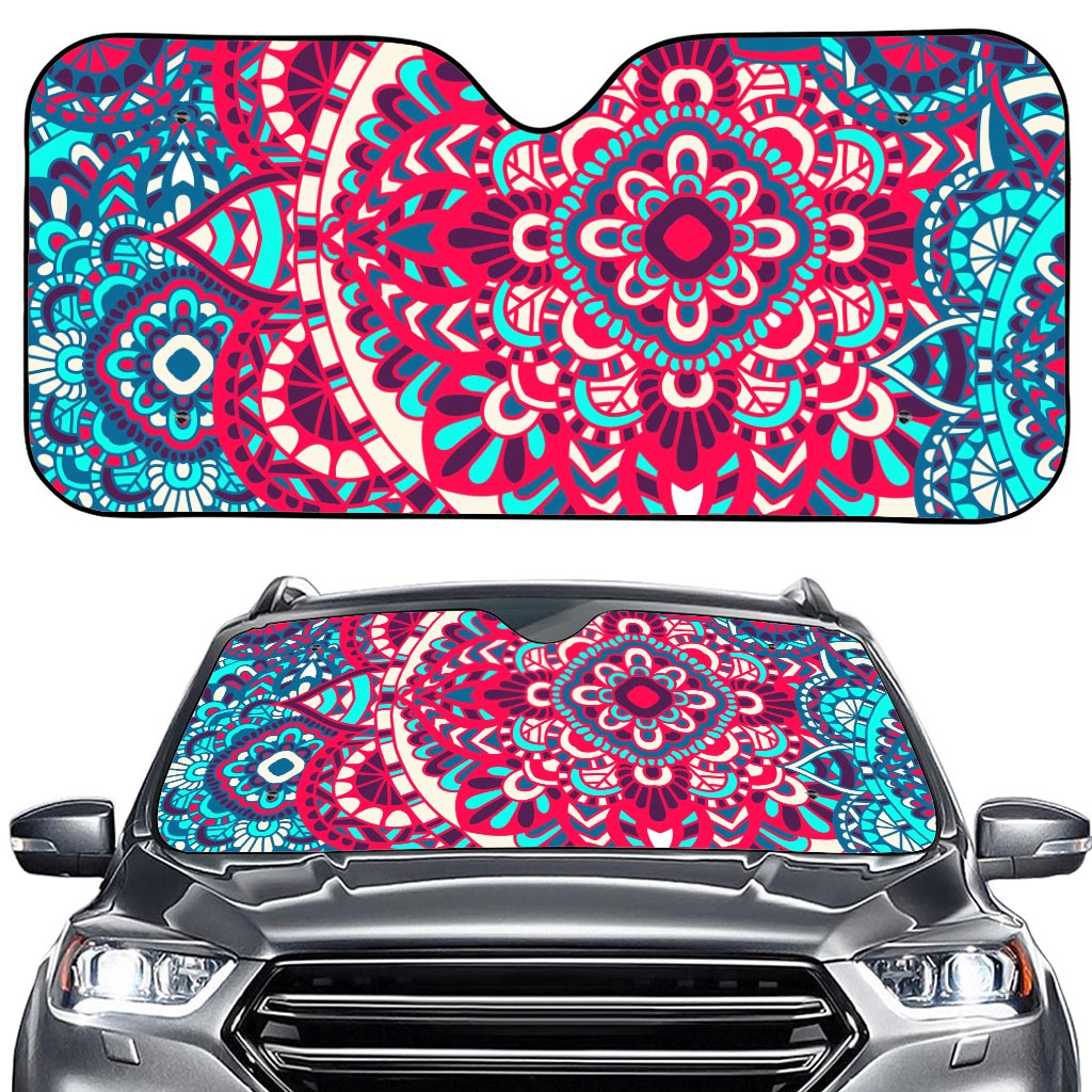 Pink Teal Bohemian Mandala Pattern Print Car Windshield Sun Shade