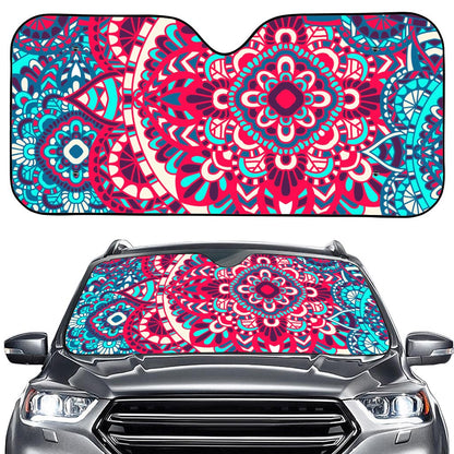 Pink Teal Bohemian Mandala Pattern Print Car Windshield Sun Shade