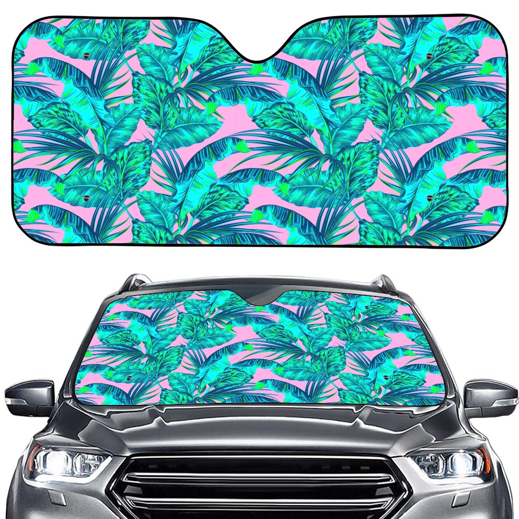 Pink Teal Tropical Leaf Pattern Print Car Windshield Sun Shade