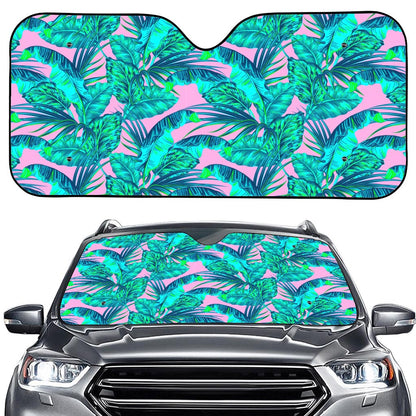 Pink Teal Tropical Leaf Pattern Print Car Windshield Sun Shade