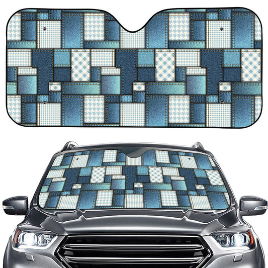 Plaid And Denim Patchwork Pattern Print Car Windshield Sun Shade