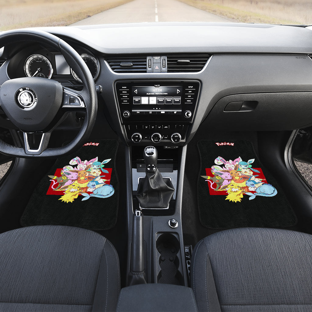 Pokemon Anime  Car Floor Mats - Cute Chibi Eevee Evolution Together Black Car Mats Ci111005