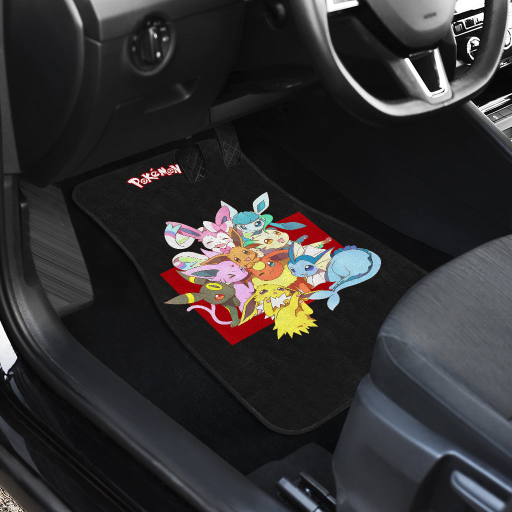 Pokemon Anime  Car Floor Mats - Cute Chibi Eevee Evolution Together Black Car Mats Ci111005