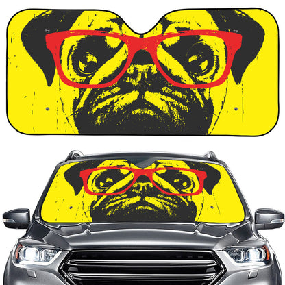 Pug With Glasses Portrait Print Car Windshield Sun Shade