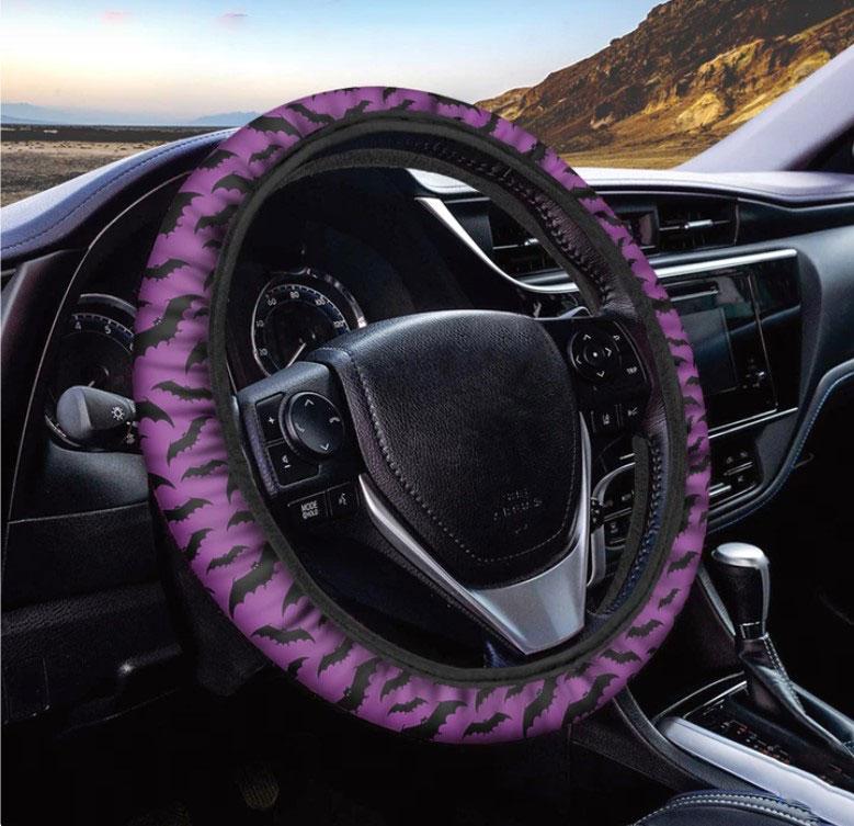 Purple And Black Halloween Bat Print Car Steering Wheel Cover