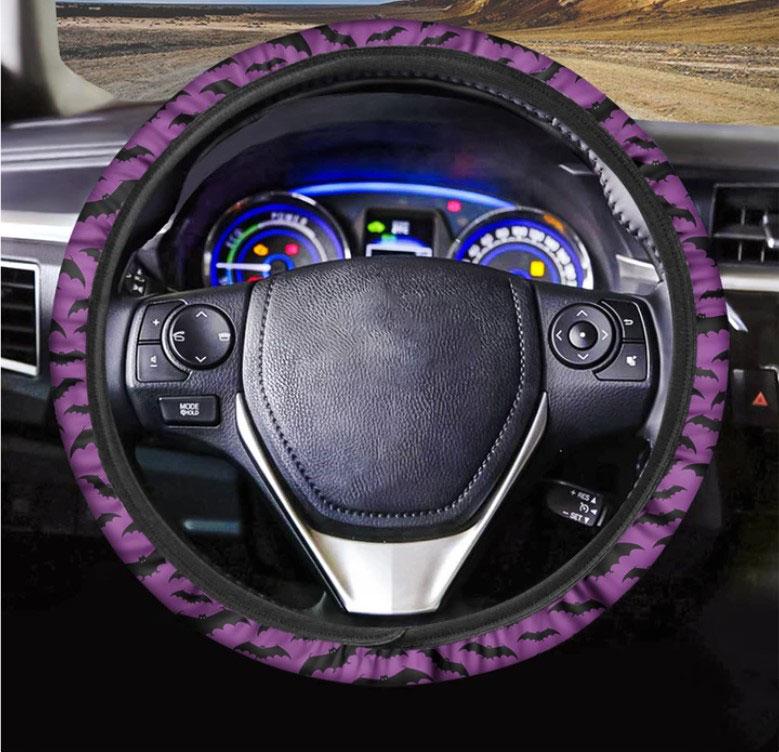Purple And Black Halloween Bat Print Car Steering Wheel Cover