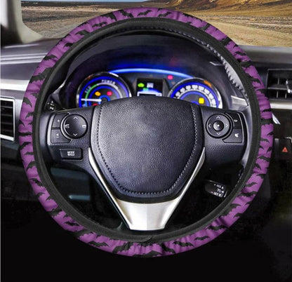 Purple And Black Halloween Bat Print Car Steering Wheel Cover
