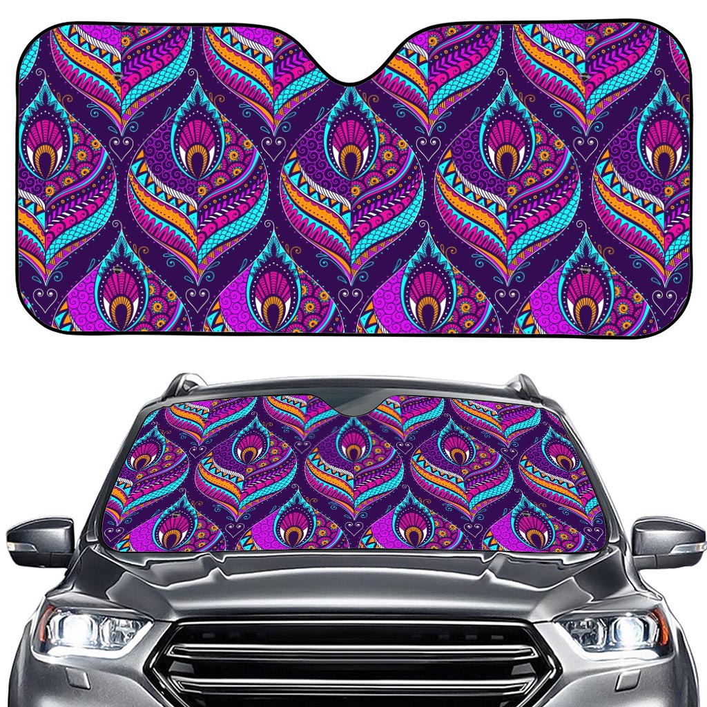 Purple Bohemian Peacock Feather Print Car Windshield Sun Shade