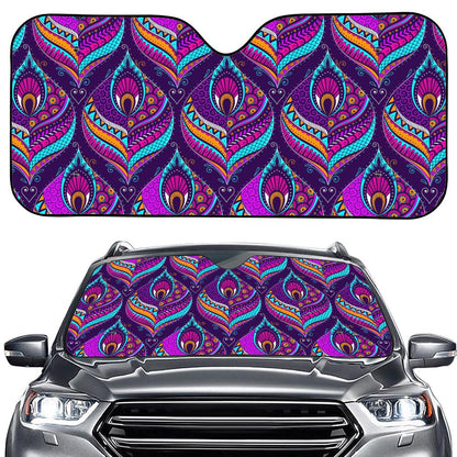 Purple Bohemian Peacock Feather Print Car Windshield Sun Shade