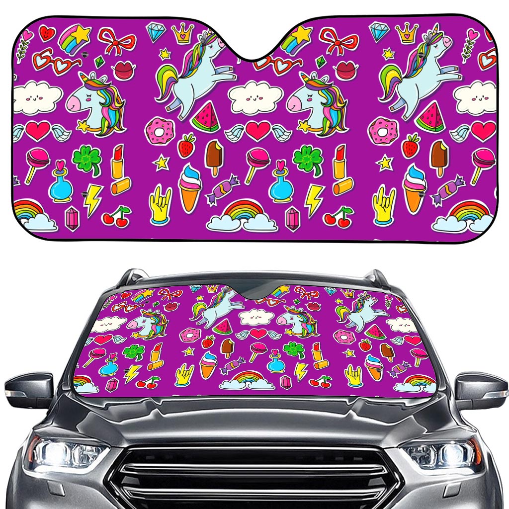 Purple Girly Unicorn Pattern Print Car Windshield Sun Shade