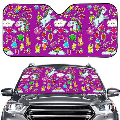 Purple Girly Unicorn Pattern Print Car Windshield Sun Shade