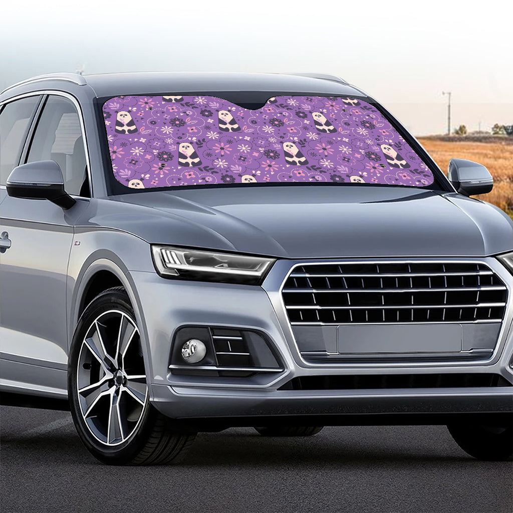 Purple Panda And Flower Pattern Print Car Windshield Sun Shade