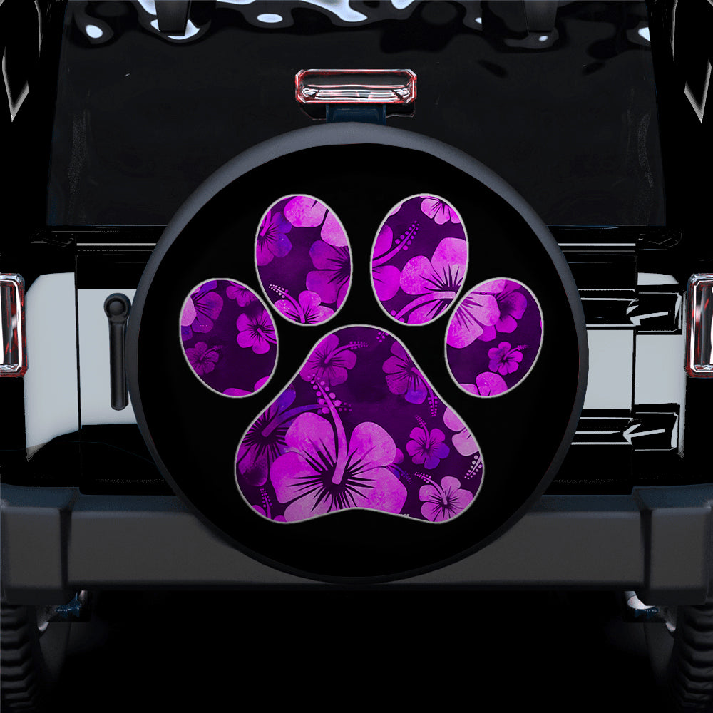 Purple Paw Print Hawaiian Hibiscus Car Spare Tire Cover