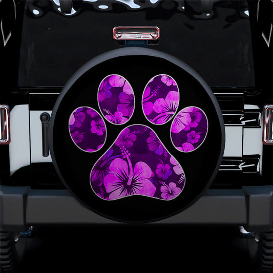 Purple Paw Print Hawaiian Hibiscus Car Spare Tire Cover