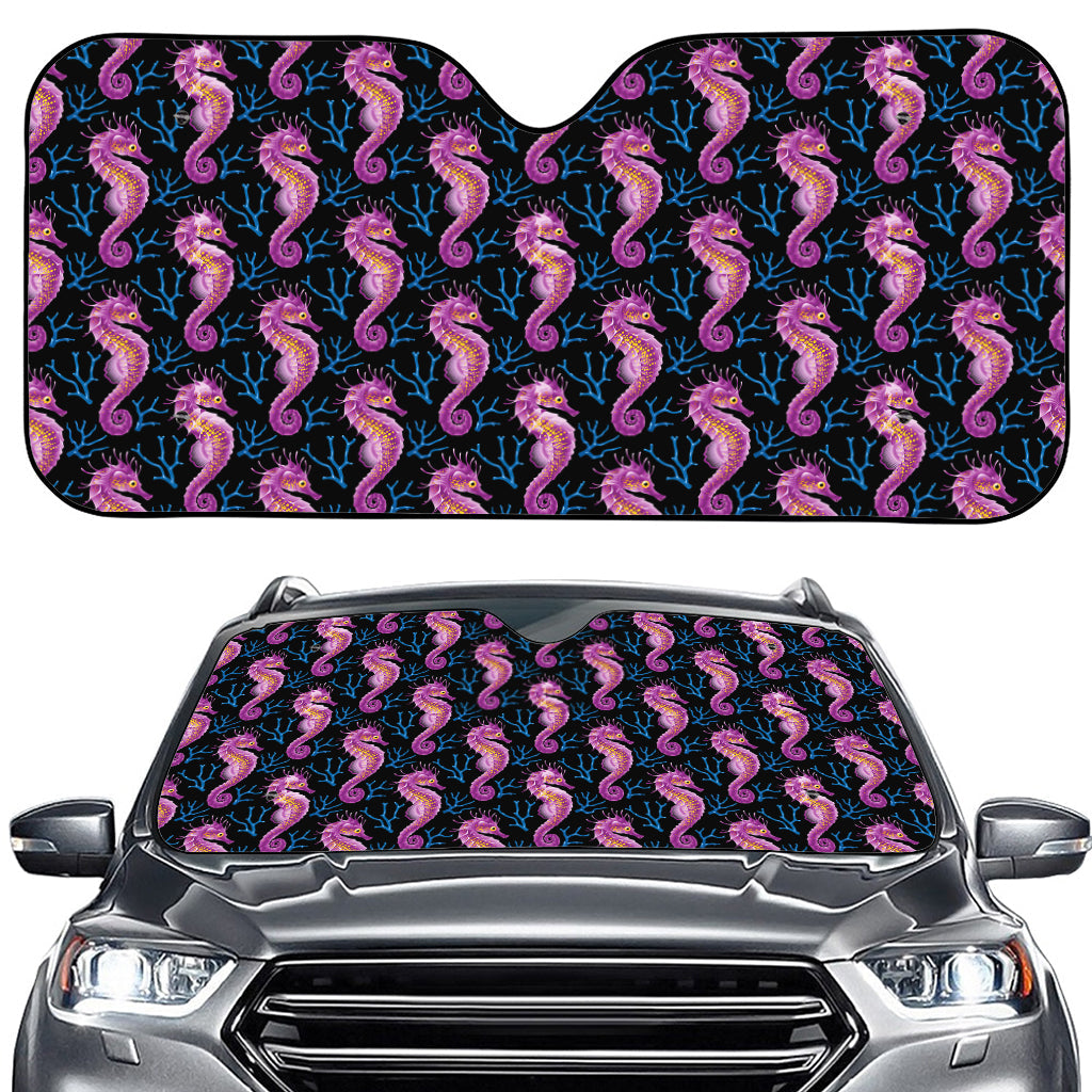 Purple Seahorse Pattern Print Car Windshield Sun Shade