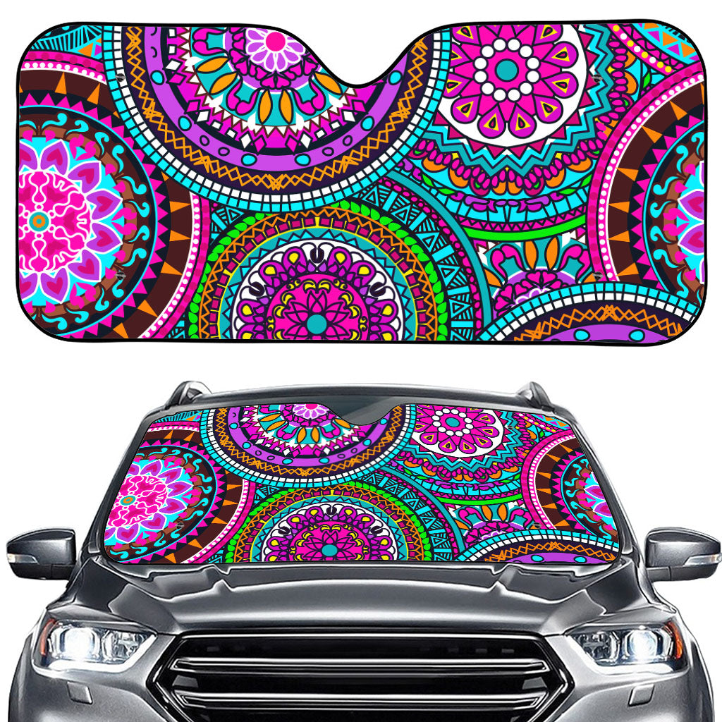 Purple Teal Circle Mandala Print Car Windshield Sun Shade