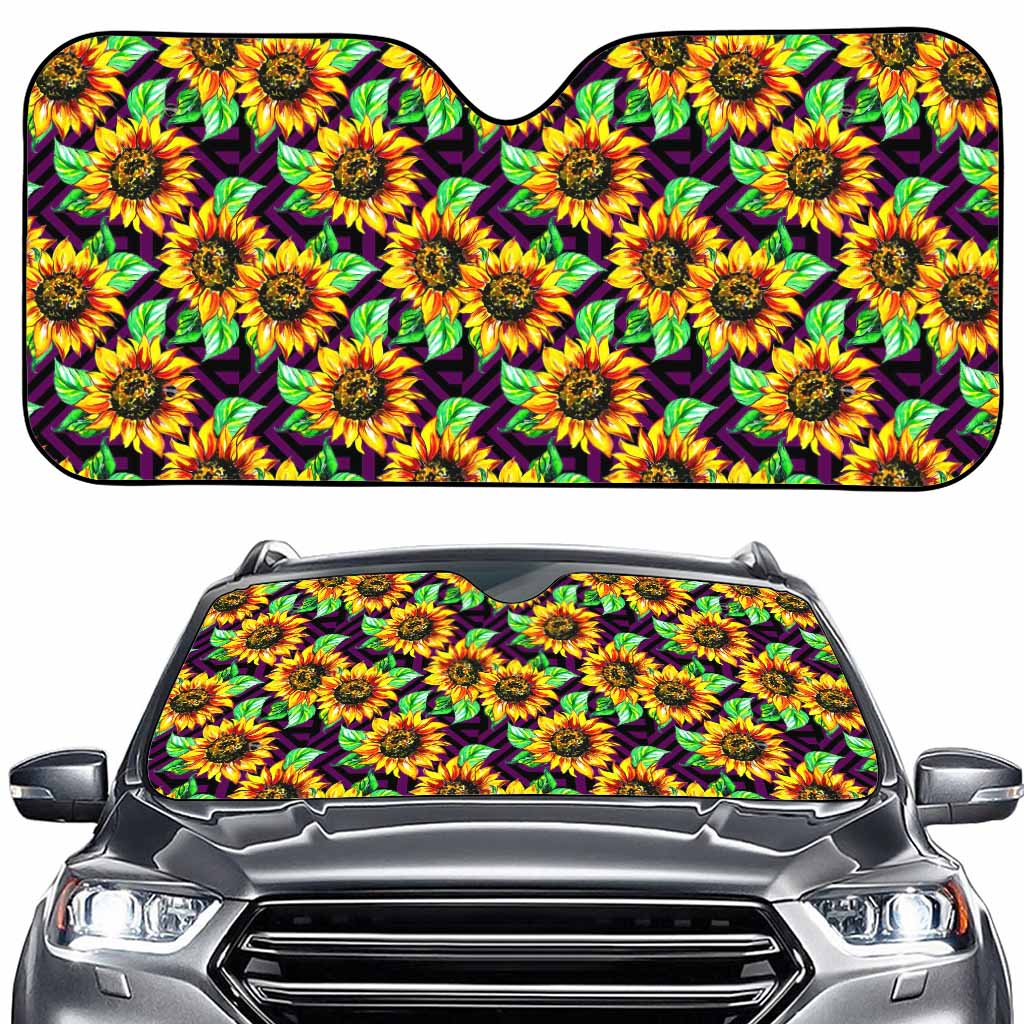 Purple Trippy Sunflower Pattern Print Car Windshield Sun Shade