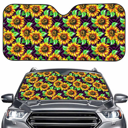 Purple Trippy Sunflower Pattern Print Car Windshield Sun Shade