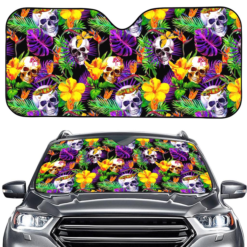 Purple Tropical Skull Pattern Print Car Windshield Sun Shade