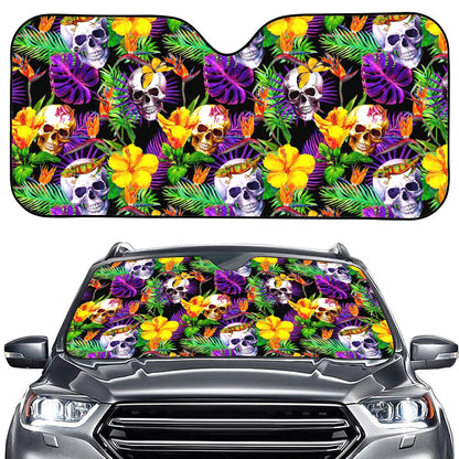 Purple Tropical Skull Pattern Print Car Windshield Sun Shade