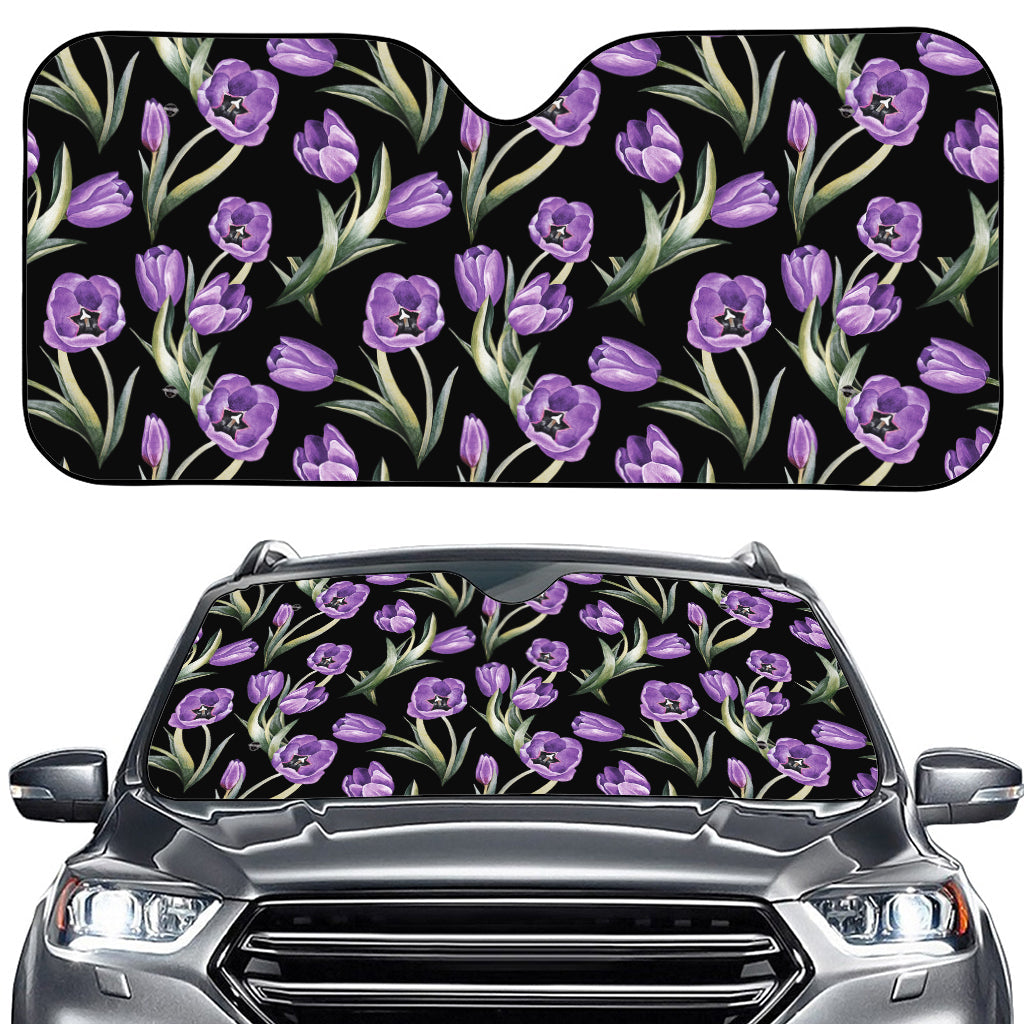 Purple Watercolor Tulip Pattern Print Car Windshield Sun Shade