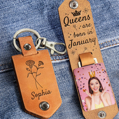 Queens Are Born Month Custom Birthflower - Personalized Leather Photo Keychain