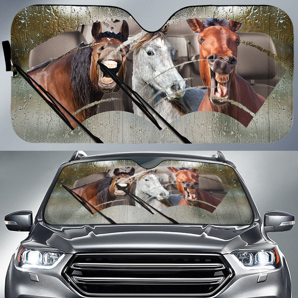 Rainy Driving Funny Horses All Over Printed 3D Sun Shade