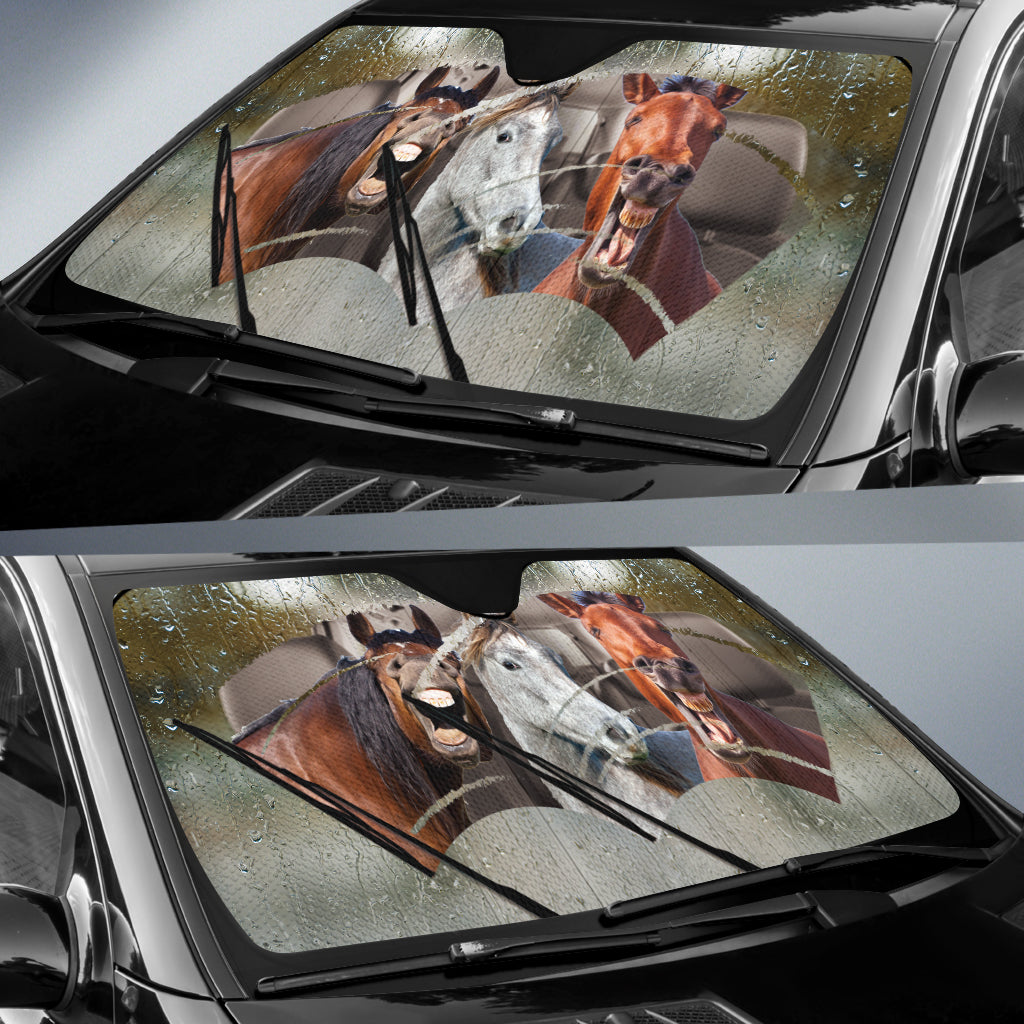Rainy Driving Funny Horses All Over Printed 3D Sun Shade