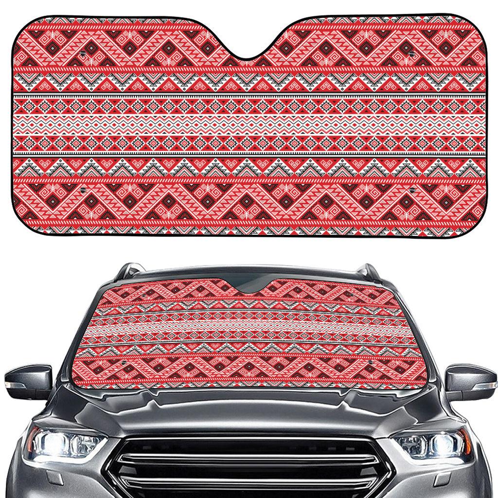 Red And White Native Tribal Print Car Windshield Sun Shade